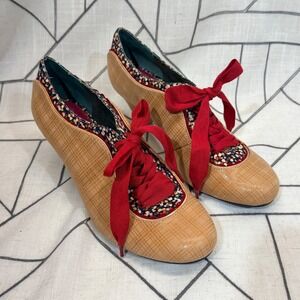 Poetic Licence London Heels Size 40 Tan Red Floral Ribbon Lace Up Pump READ